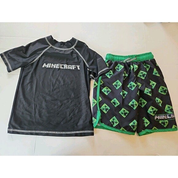 Boys Minecraft Swim Trunks Rash Guard Set Short Shirt Swimsuit Creeper 6 / 7 - Picture 1 of 11